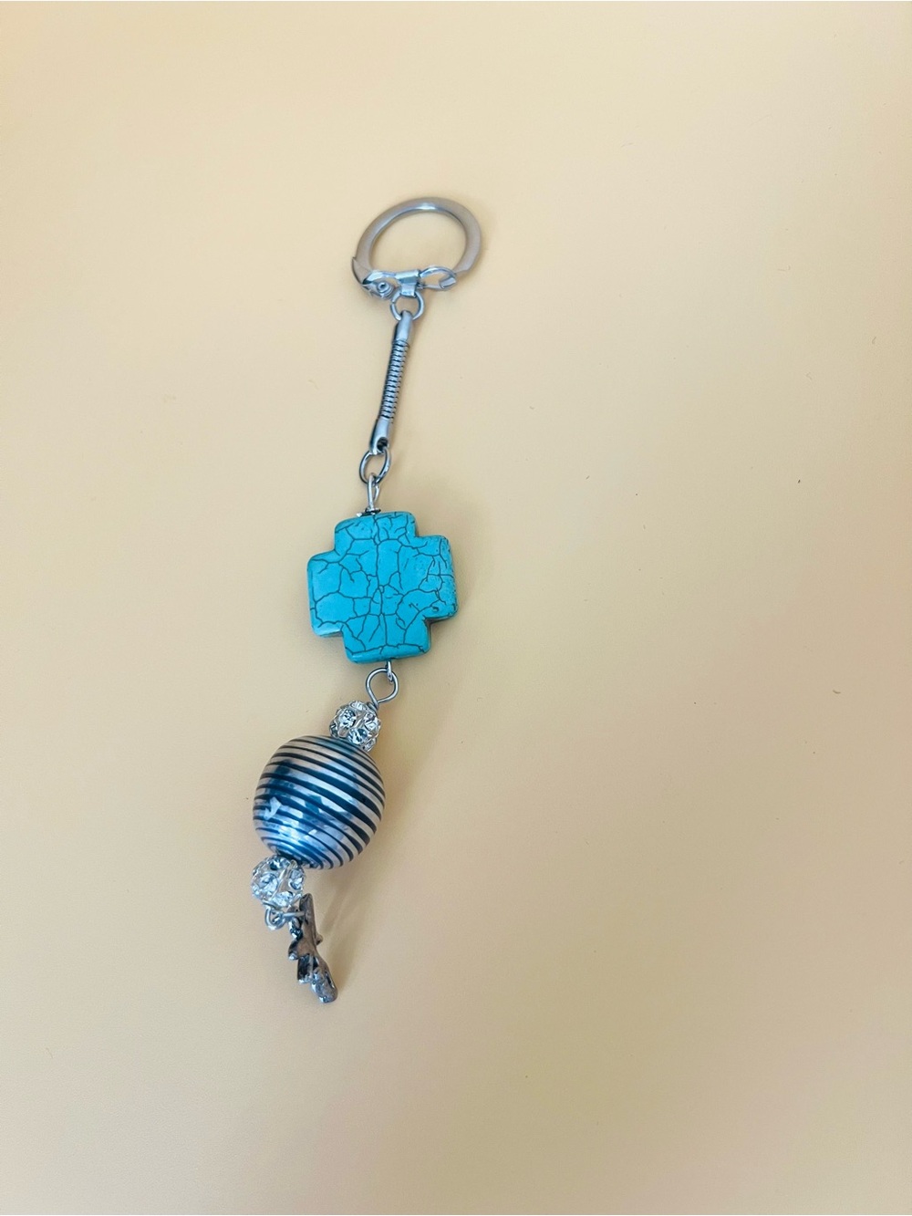 Turquoise Cross and Striped Bead Keychain
